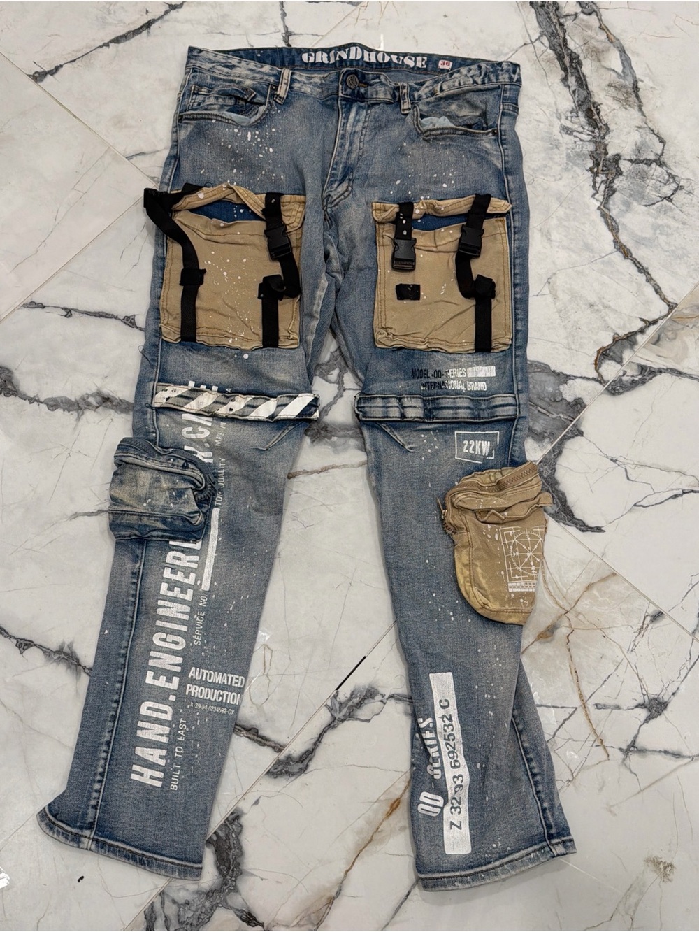 GRINDHOUSE Distressed Utility Cargo Jeans with Tan Patch  Pockets 36